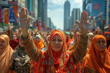 Gordijnen Prayer in the open air: believers at the procession call their hands to the Almighty © ЮРИЙ ПОЗДНИКОВ
