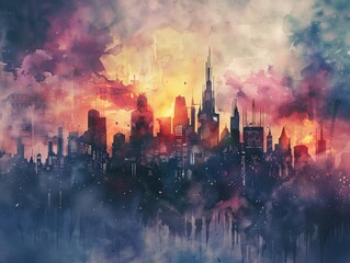 Dusk Metropolis, An ethereal urban skyline painted in a fusion of sunset hues and smoky textures, creating a dreamlike vision of city life at twilight.