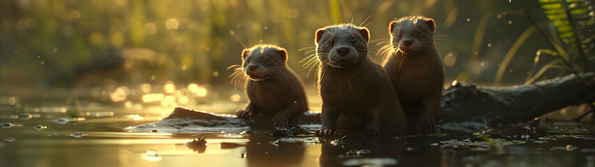 Mink family in the forest with setting sun shining. Group of wild animals in nature. Horizontal,...