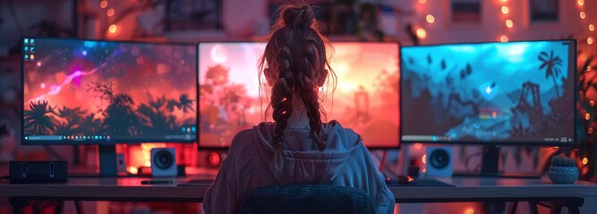 Person in a hoodie gaming on a multi-monitor setup with colorful, immersive graphics. - obrazy, fototapety, plakaty