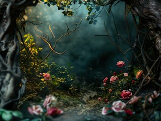 Enchanted Forest Gateway, an enchanted forest opening, draped with vines and blooming with an array of vibrant roses, set against a misty, ethereal backdrop.