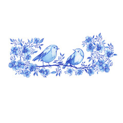 Couple blue robin birds sitting on a branch in Toile de Jouy fabric style. Hand drawn monochrome watercolor painting illustration isolated on white background - 755491483