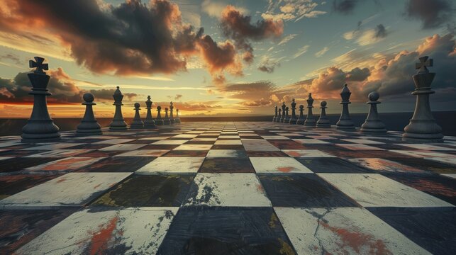 Dusk's Grand Gambit, digital art of a weathered chessboard extending into a sunset horizon, with chess pieces positioned for an epic strategic confrontation under the dramatic evening sky.