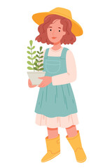Cute girl gardener in hand drawn style holding a pot with a plant.Hand drawn vector trendy illustration.