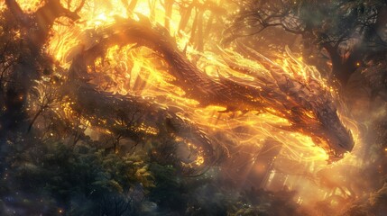 Inferno Serpent Awakening, An enchanting digital artwork that breathes life into the mythic image of a fiery dragon emerging with majesty from the heart of a mystical forest, illuminating the woods