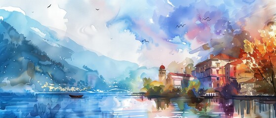 Lakeside Serenity, A dreamy watercolor landscape that captures the tranquil beauty of a lakeside village nestled against a backdrop of majestic mountains, under a sky streaked with the colors of dawn.