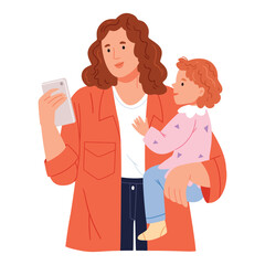 A woman with a child holds a phone in her hand.Business mom.Selfie with daughter.