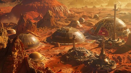 Martian Outpost, a futuristic human colony on Mars, featuring domed habitats, a towering communications spire, and vehicles traversing the rocky, reddish landscape under a sky dotted with satellites