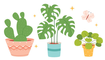 A set of house plants in pots in a hand-drawn style. Cactus, monstera, pelea. © Irena