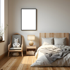 minimalist Cozy Bedroom with Wooden Furniture,chairs,lamp,grey walls,bed grey with Interior Mockup with one white photo frame in the background