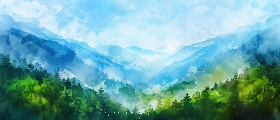 Misty Mountain Reverie, A serene watercolor landscape portrays the tranquil beauty of mist-covered mountains, with layers of forest canopy gently receding into the soft, dreamlike horizon.