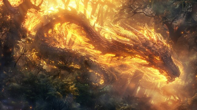 Inferno Serpent Awakening, An enchanting digital artwork that breathes life into the mythic image of a fiery dragon emerging with majesty from the heart of a mystical forest, illuminating the woods