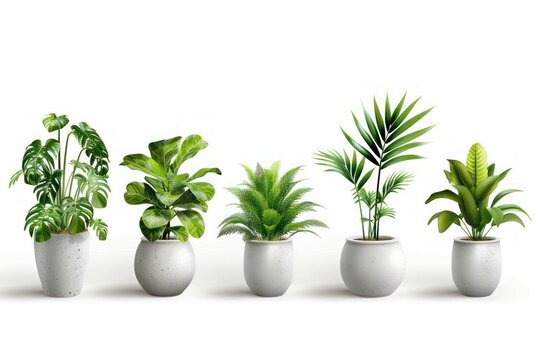 A row of potted plants with different sizes and shapes. The plants are all green and are placed in white pots. The arrangement of the plants creates a sense of harmony and balance