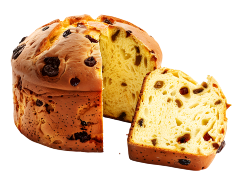 Sliced Easter bread with raisins, a traditional holiday sweet loaf on transparent background. Easter panettone isolated. Panettone style Easter cake, rich with dried fruits, no background