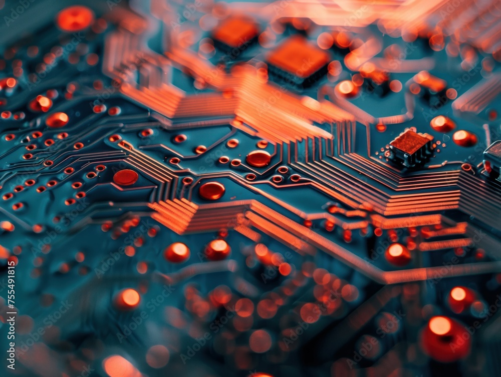Poster silicon synapses, a close-up image of a vibrant blue circuit board with intricate patterns, suggesti