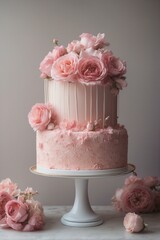 A beautifully decorated cake with pink roses and exquisite icing details ideal for weddings and celebrations