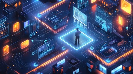 Man Surrounded by Glowing Digital Elements on a Virtual Platform Representing AI in Business Analytics
