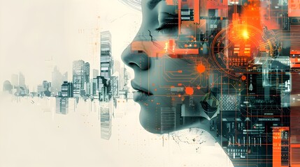 Digital Transformation and AI Female Innovator Profile in Urban Cityscape with Sleek Color Scheme