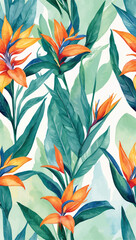 Beautiful seamless vector floral pattern, spring summer background with tropical flowers, palm leaves, jungle leaf, gloriosa lily flower,  Leaves Blossom, Exotic wallpaper, Hawaiian, watercolour style