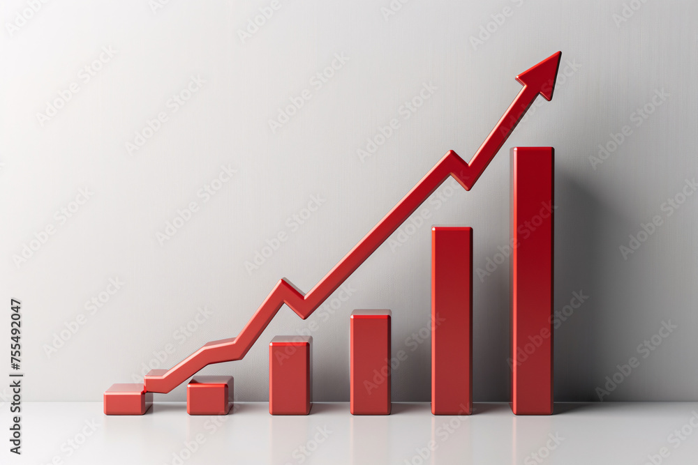 Poster red 3d bar graph with a climbing arrow symbolizing increasing statistics