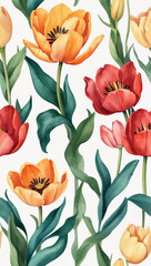 Obraz premium Beautiful seamless vector floral pattern, spring summer background with tropical flowers, palm leaves, jungle leaf, Tulip and Lavender flower Blossom, Exotic wallpaper, Hawaiian, watercolour style