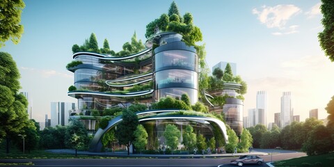 Futuristic green architecture in modern city. Sustainable glass office building with vertical garden. Office building with green environment. Eco-friendly corporate building.