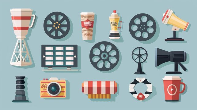 Cinema icons and design elements set, in flat style