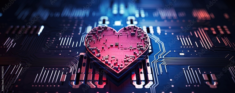 Poster heart shape computer cell phone micro chips. valentine motherboard. data ram. circuitry processor. t