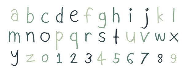 English alphabet A to Z, 0 to 9 color 20 cute on a white background, vector illustration.
