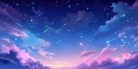 Heavenly sky. Sky of shooting stars, meteor shower, wide format background illustration. Space spectacle.