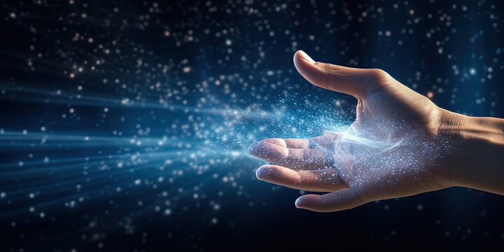 Hand touching a spinning vortex of data and light particles, data flow and processing visualisation backgrounds