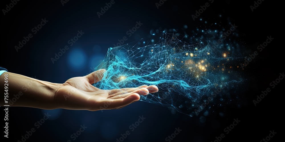 Poster human hand making contact with vortex of data and light particles in innovation and technology banne