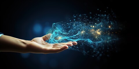 Human hand making contact with vortex of data and light particles in innovation and technology banner background - obrazy, fototapety, plakaty