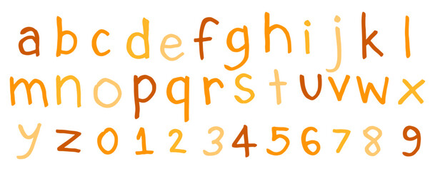 English alphabet A to Z, 0 to 9 color 24 cute on a white background, vector illustration.
