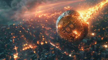 A surreal vision of a flaming Bitcoin meteor descending toward a cityscape symbolizes the disruptive impact of cryptocurrency on the global economy