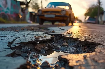 Poster Sunset view of a vintage car on a cracked road with a puddle, focus on the asphalt texture. © Gayan