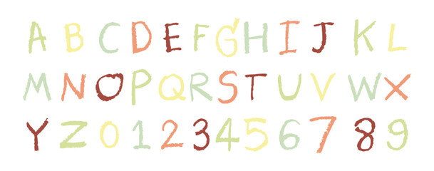 English alphabet A to Z, 0 to 9 color 25 cute on a white background, vector illustration.
