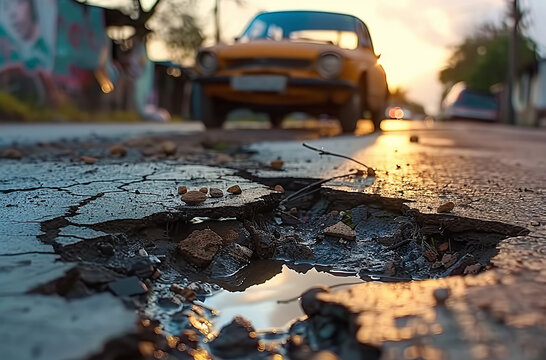 Fototapeta Sunset view of a vintage car on a cracked road with a puddle, focus on the asphalt texture.