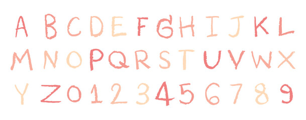 English alphabet A to Z, 0 to 9 color 27 cute on a white background, vector illustration.
