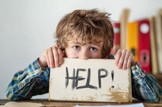 Young boy holding a sign with the word "HELP" painted on it, looking at the camera with expressive eyes.