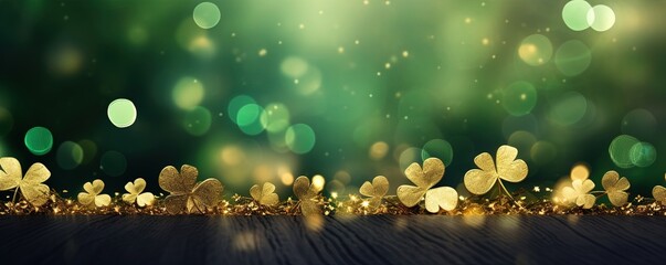 Lucky shamrocks with golden bokeh glitter. St. Patrick's Day background. Luck of the Irish. Four...