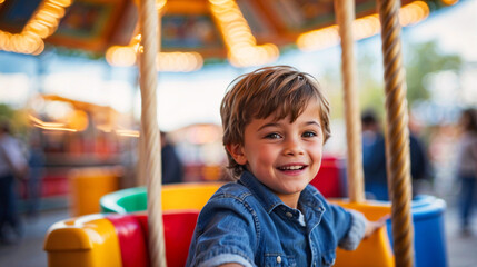 Cheerful young boy enjoys a carousel ride at an amusement park, captured with a blurred and glowing background