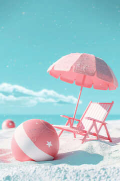 3D rendering of a pink beach umbrella with a chair and a pink beach striped ball on sand against a isolated blue background
