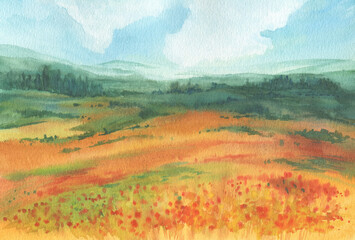 Panoramic view, landscape - beautiful red poppies bloom in the fields among the hills. Watercolor hand drawn illustration. - 755493219