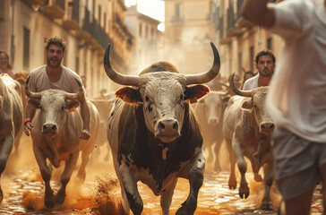 Thrilling bull run with people sprinting through a narrow street, dust flying, capturing the intensity and danger of the event. - obrazy, fototapety, plakaty