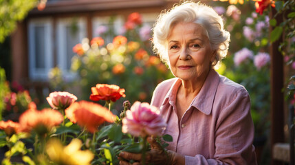 Fototapeta premium An elderly woman with white hair happily tends to flowers in a lush garden during golden hour