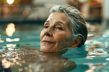Elderly woman in turquoise pool.,Active elder people, Adventure