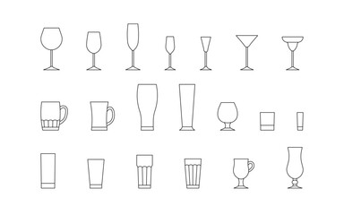 Glass cup for alcohol drink, line empty icon set. Beverage and cocktail in beer mug, wineglass, cup and other drink glassware. Outline sign of glass utensil, editable stroke. Vector