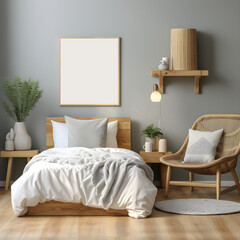 Cozy Bedroom with Wooden Furniture,chairs,lamp,grey walls,bed white with Interior Mockup with one white photo frame in the background