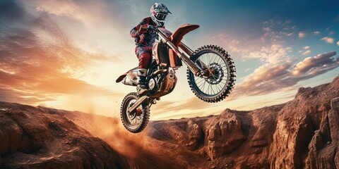 motorcycle stunt or car jump. A off road moto cross type motor bike, in mid air during a jump with a dirt trail. Wide format.